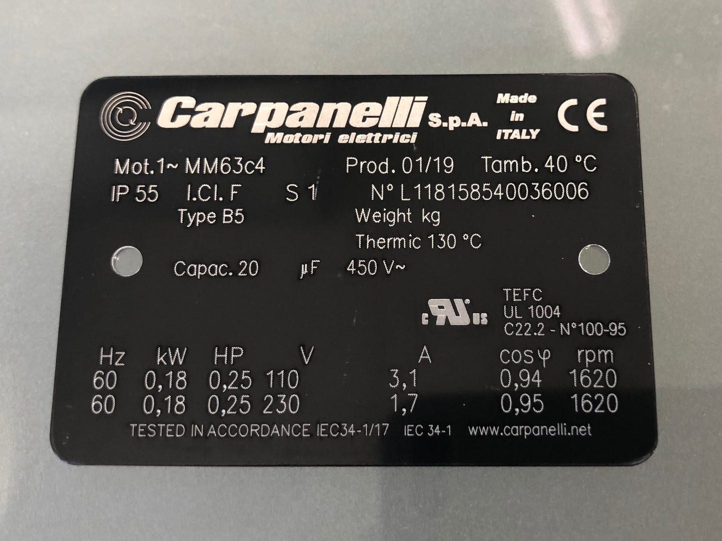 Carpanelli MM63c 0.18Kw/0.25hp 4pole 1ph AC Metric Motor or Brakemotor