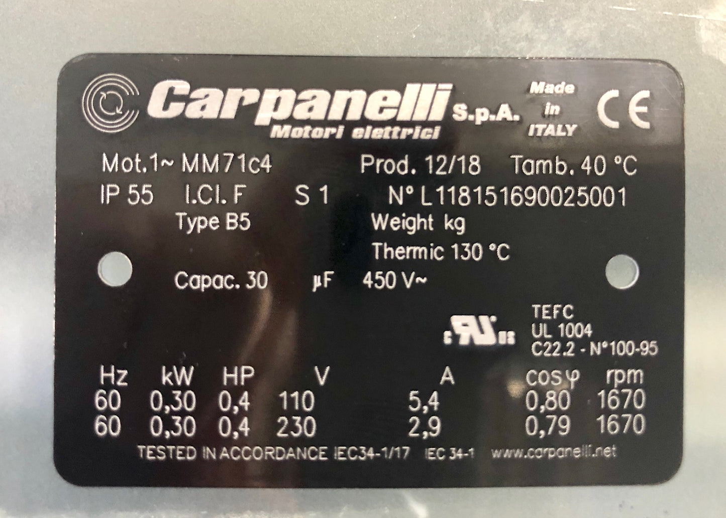 Carpanelli MM71c 0.37/0.5Hp 4pole 110V/230V 1ph AC Metric Motor or Brakemotor