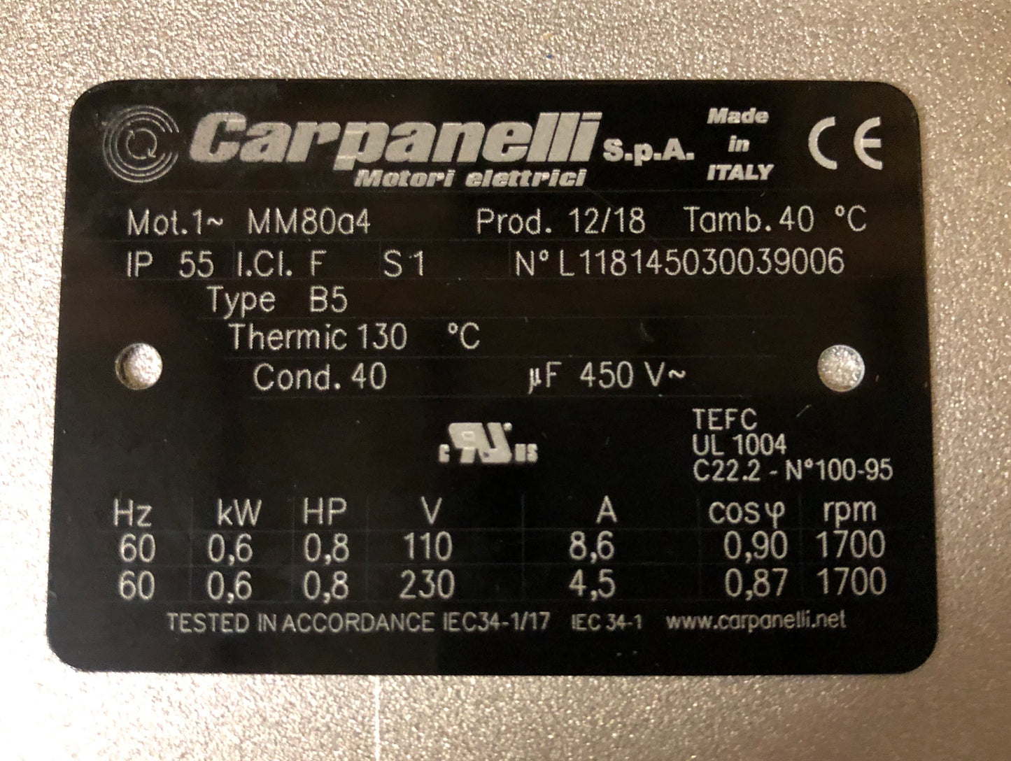Carpanelli MM80a4 0.6Kw/0.8 Hp 110/230V/60Hz 1ph AC Metric Motor or Brake motor