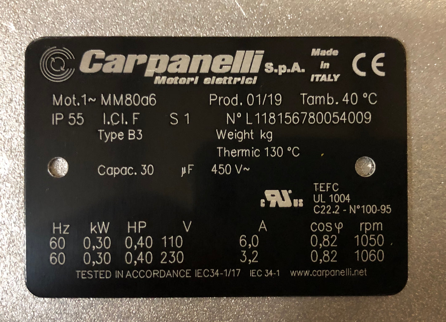 Carpanelli MM80a6 0.3Kw/0.4 Hp 110/230V/60Hz 1ph AC Metric Motor or Brake motor