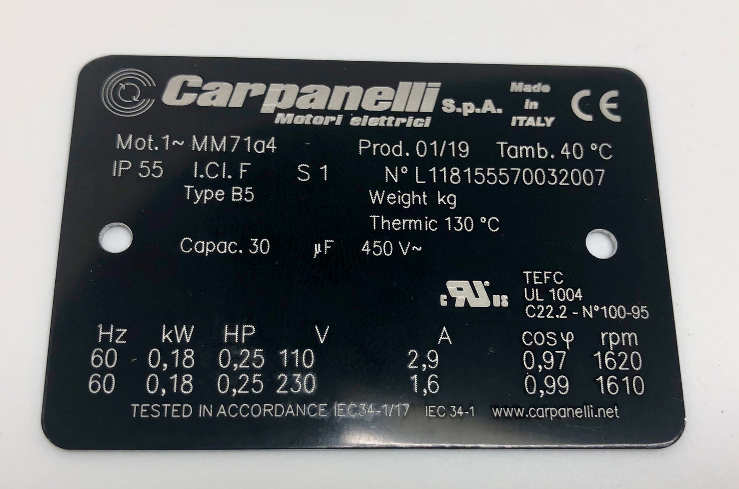 Carpanelli MM71a4 0.18Kw/0.25HP 110/230V 1ph AC Metric Motor or Brakemotor