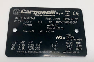 Carpanelli MM71a4 0.18Kw/0.25HP 110/230V 1ph AC Metric Motor or Brakemotor