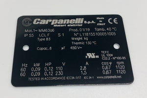 Carpanelli MM63a 0.09Kw/0.12HP 6pole 1ph AC Metric Motor or Brakemotor
