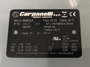 Carpanelli MM63c 0.18Kw/0.25hp 4pole 1ph AC Metric Motor or Brakemotor