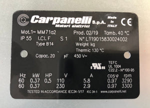 Carpanelli MM71a2 0.37Kw/0.5Hp 2-Pole 1ph AC Metric Motor or Brakemotor
