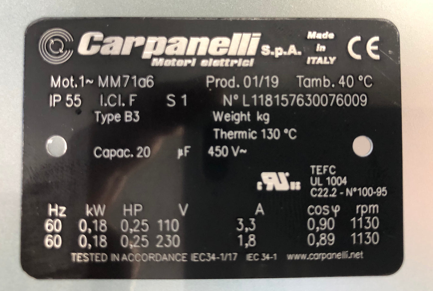 Carpanelli MM71a 0.18Kw/0.25hp 6-pole 110/230V 1ph AC Metric Motor or Brake Motor