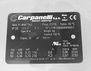 Carpanelli MM71b2 0.56Kw/0.75Hp 2-Pole 1ph AC Metric Motor or Brakemotor