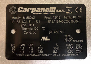 Carpanelli MM80b2 1.1Kw/1.5hP 110/230V/60Hz 1ph AC Metric Motor or Brakemotor